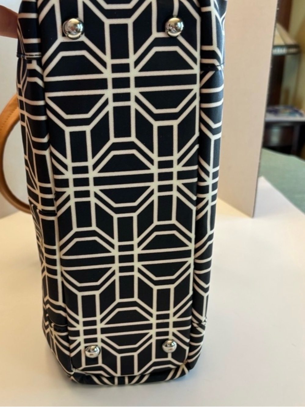 Petunia Pickle Bottom Black and White Geometric Tote with Brown Handles - Picture 3 of 5